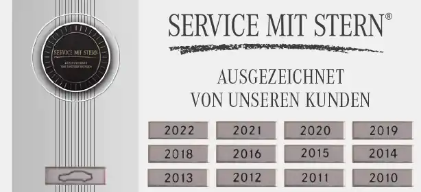 Diese Auszeichnung »Service mit Stern« steht für leidenschaftlichen Service, hervorragende Kundenbetreuung und besonderes Qualitätsniveau. Der Mercedes-Benz Vertrieb Deutschland (MBVD) vergibt das Prädikat jährlich an seine Vertriebspartner.