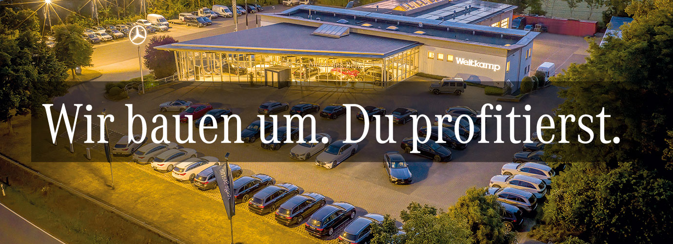 Nachtansicht Verkaufsgebäude Mercedes-Benz Autohaus Weitkamp.